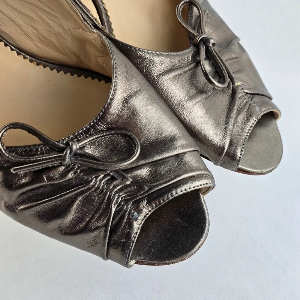 Amalfi Women's Metallic Leather Bow Peep Toe Slingback Kitten Heels Bronze 10 - Picture 7 of 16
